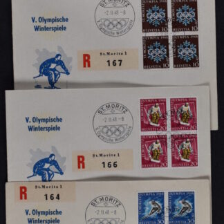 SWITZERLAND, OLYMPIC GAMES 1948 ST MORITZ IN BLOCKS OF 4, ON 4 ENVELOPES <i>Schweiz, Olympische Spiele 1948 St. Moritz in Viererblocks, auf 4 Briefumschlägen.</i>