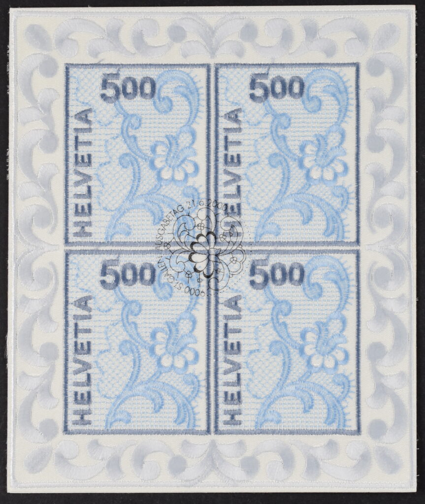 SCHWEIZ, STICKEREI-BLOCK 2000, ERSTTAGSSTEMPEL!